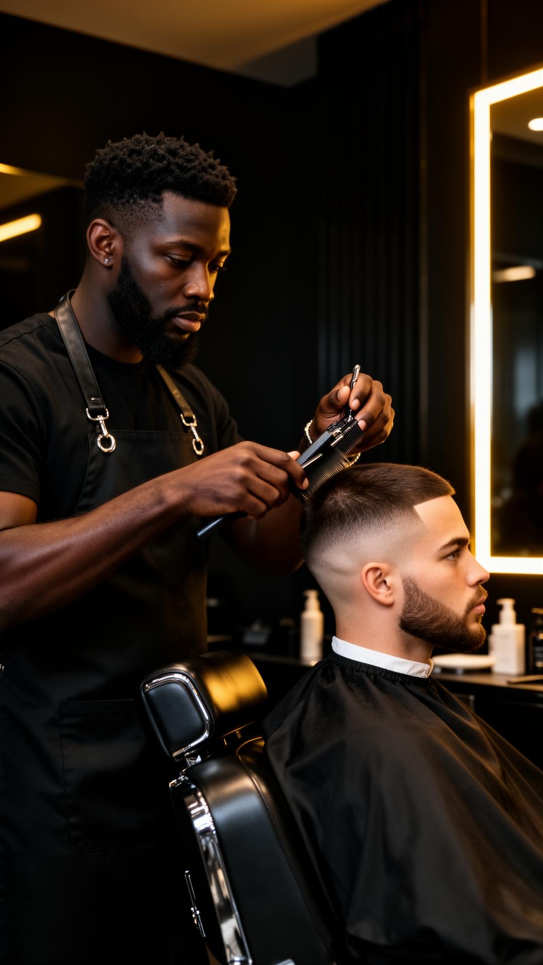 Barber giving a precision fade in a modern barbershop